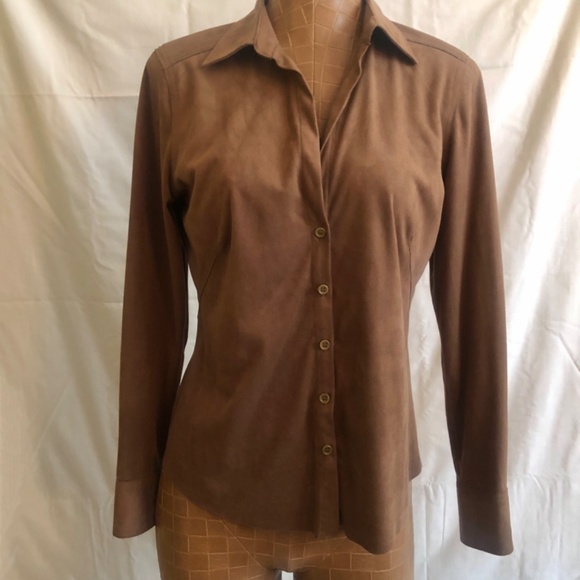 NWOT Ultra Suede Brown Button Down Blouse, Shirt by Max Studio - Picture 2 of 12